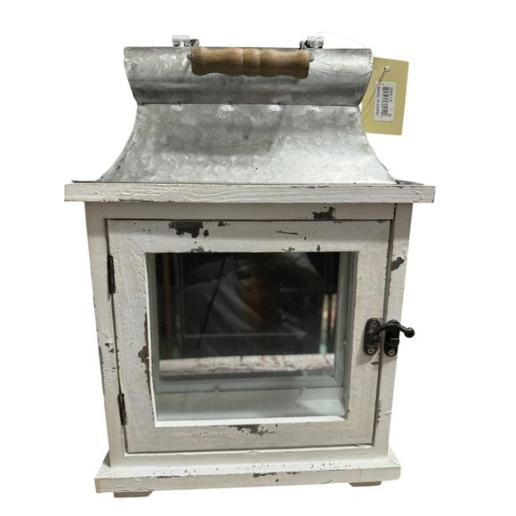 Rustic White Metal & Wood Lantern With Glass Panels - Picture 4 of 7
